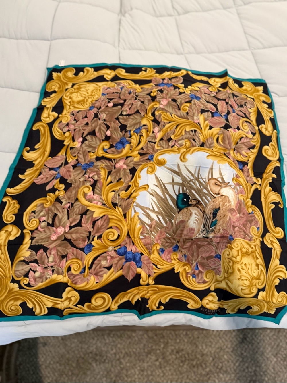 Richel Paris Baroque Floral Duck Scarf in Black, Gold & Teal 100% silk